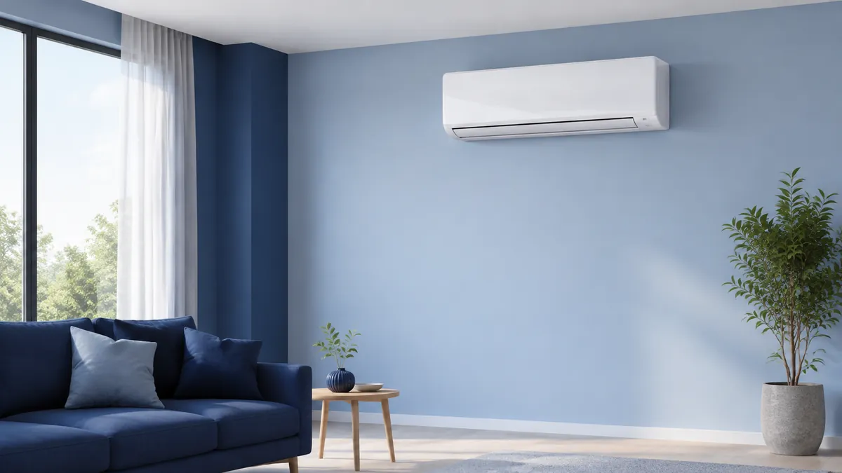 Ilustração de ar-condicionado split branco instalado na parede de uma sala pequena.
